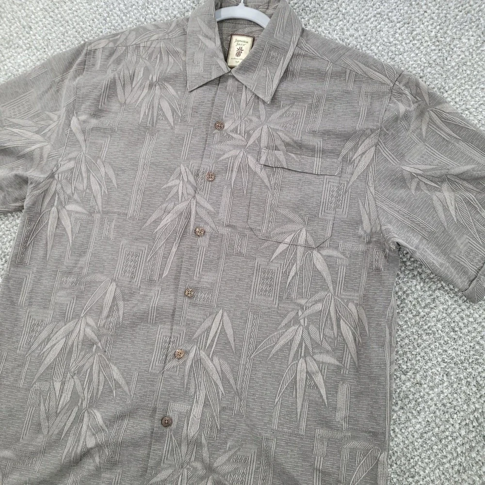 Jamaica Jaxx Mens Medium Silk Bamboo Jacquard Button Down Shirt Grey Brown Leaf